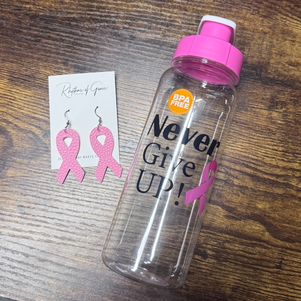 Breast Cancer Warrior Gift Set I Pink Ribbon Earrings & BPA-Free Water Bottle